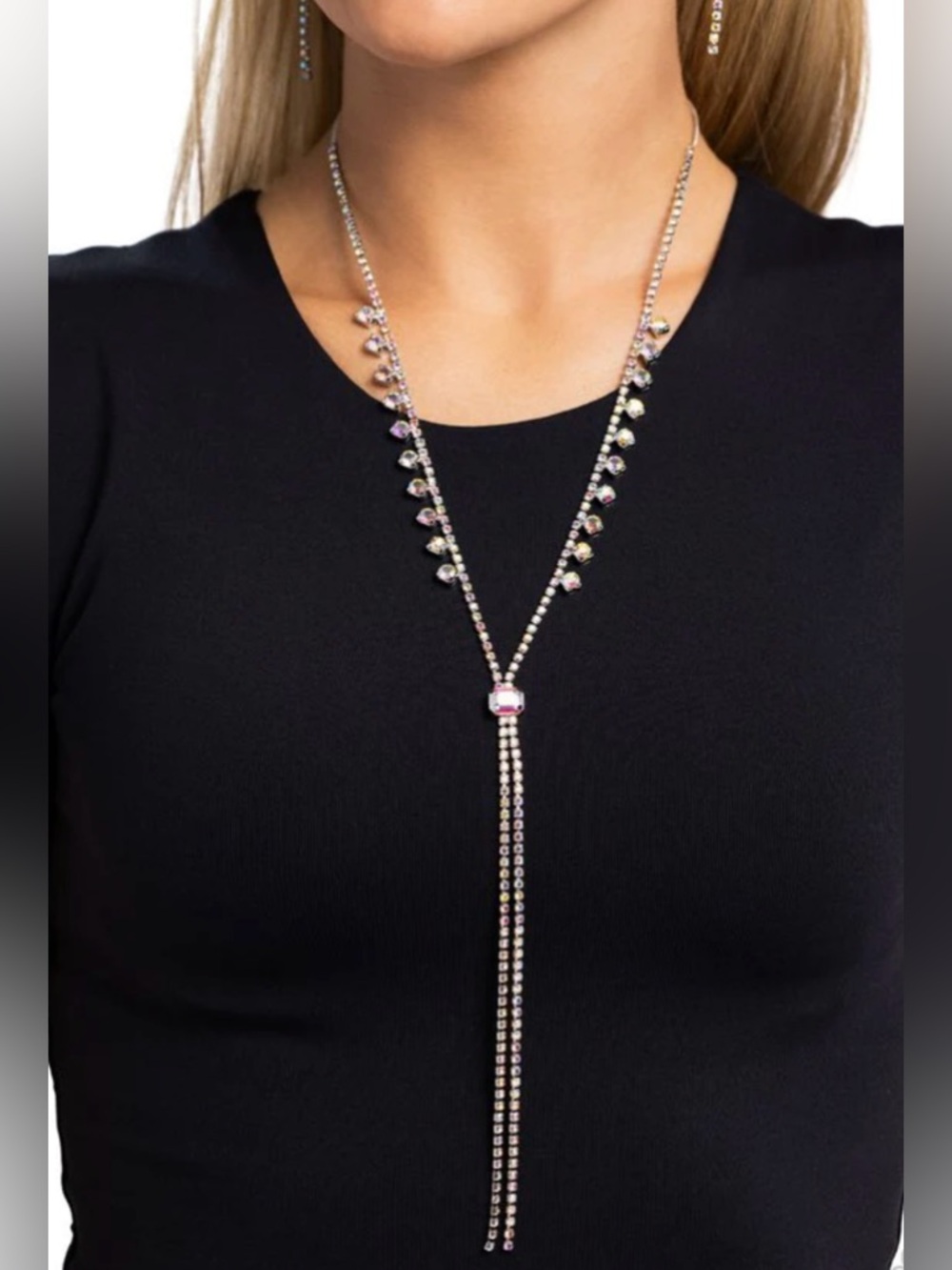 paparazzi Silver-Toned Lariat Necklace AB iridescent rhinestones - Picture 4 of 5